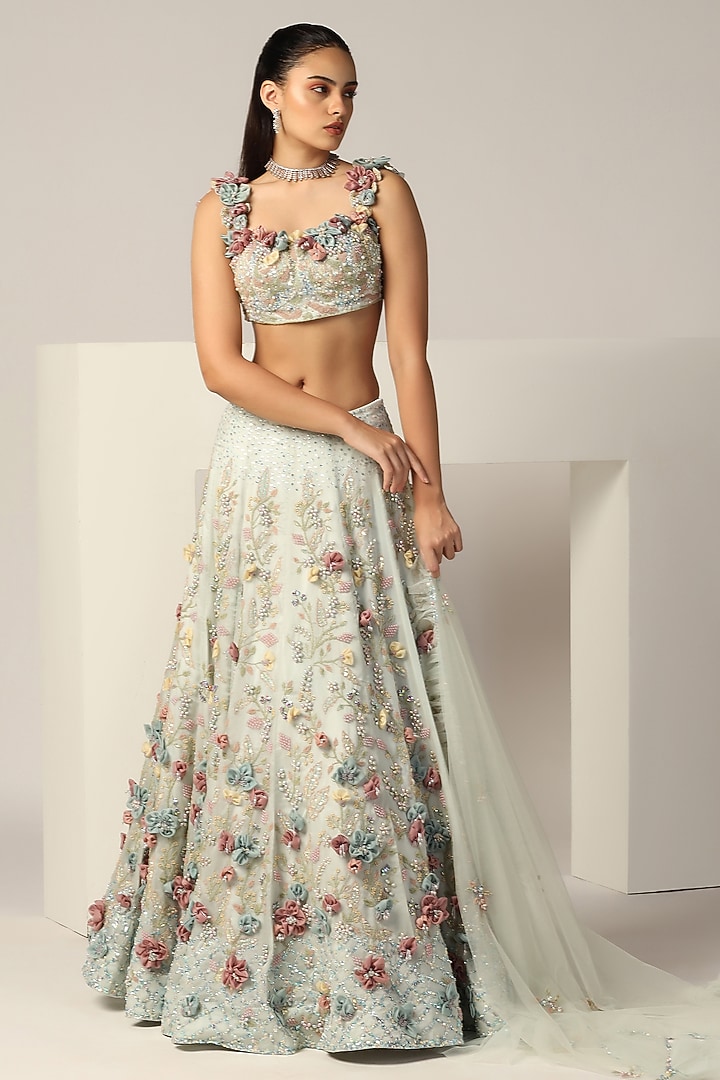 Powder Blue Silk organza Crystal & Sequins Embroidered Bridal Lehenga Set by BAYA BY RICHA at Pernia's Pop Up Shop