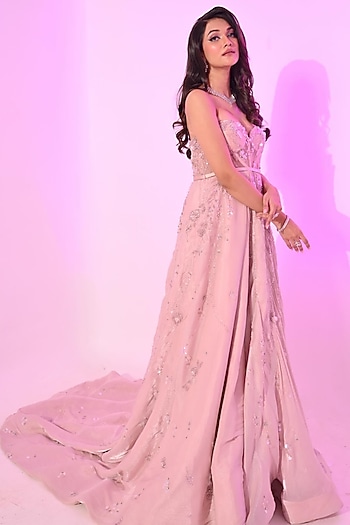 Powder Pink Shimmer Organza Crystal Hand Embroidered Corset Wedding Gown by BAYA BY RICHA at Pernia's Pop Up Shop