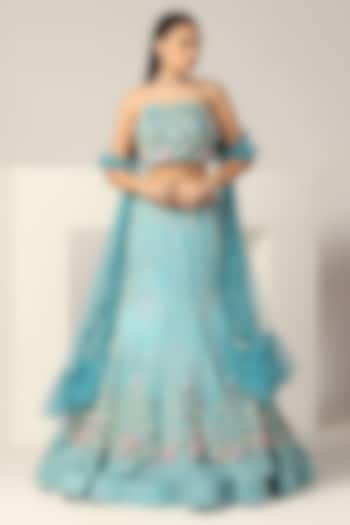 Artic Blue Silk Organza Pearl Hand Embroidered Wedding Lehenga Set by BAYA BY RICHA at Pernia's Pop Up Shop