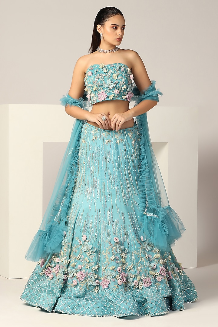 Artic Blue Silk Organza Pearl Hand Embroidered Wedding Lehenga Set by BAYA BY RICHA at Pernia's Pop Up Shop