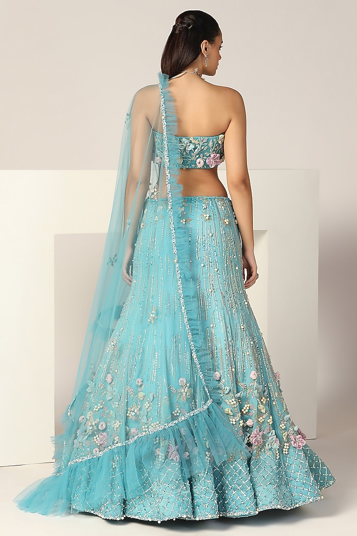 Artic Blue Silk Organza Pearl Hand Embroidered Wedding Lehenga Set by BAYA BY RICHA at Pernia's Pop Up Shop