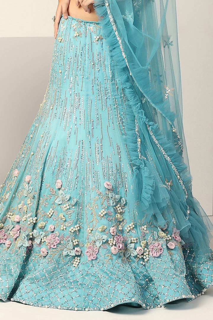 Artic Blue Silk Organza Pearl Hand Embroidered Wedding Lehenga Set by BAYA BY RICHA at Pernia's Pop Up Shop