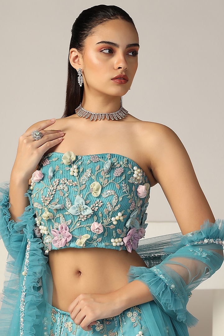 Artic Blue Silk Organza Pearl Hand Embroidered Wedding Lehenga Set by BAYA BY RICHA at Pernia's Pop Up Shop