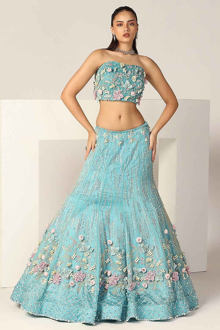 Artic Blue Silk Organza Pearl Hand Embroidered Wedding Lehenga Set by BAYA BY RICHA at Pernia's Pop Up Shop