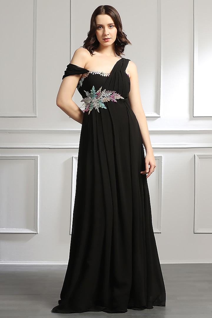 Black Georgette 3D Leaves Embellished Draped Gown by BAYA BY RICHA