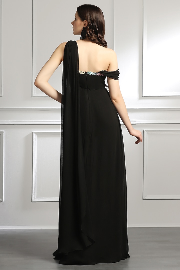 Black Georgette 3D Leaves Embellished Draped Engagement Gown by BAYA BY RICHA at Pernia's Pop Up Shop