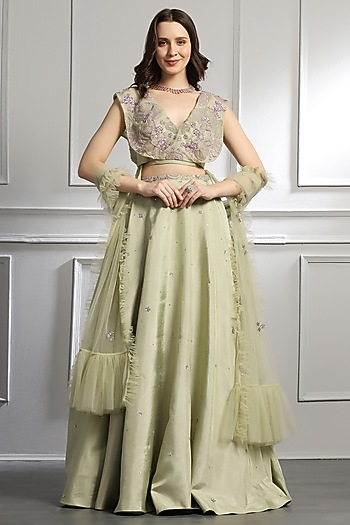 Sage Green Silk & Organza Hand Embroidered Wedding Lehenga Set by BAYA BY RICHA at Pernia's Pop Up Shop