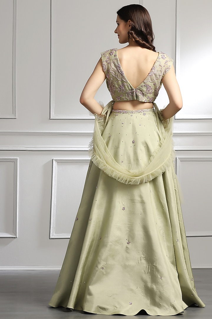 Sage Green Silk & Organza Hand Embroidered Wedding Lehenga Set by BAYA BY RICHA at Pernia's Pop Up Shop