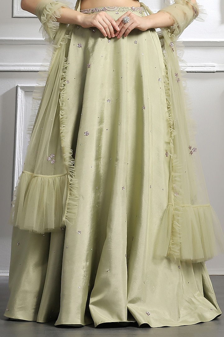 Sage Green Silk & Organza Hand Embroidered Wedding Lehenga Set by BAYA BY RICHA at Pernia's Pop Up Shop