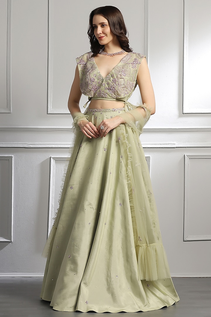 Sage Green Silk & Organza Hand Embroidered Wedding Lehenga Set by BAYA BY RICHA at Pernia's Pop Up Shop