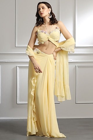 Lemon Yellow Georgette 3D Floral Embroidered Skirt Set by BAYA BY RICHA