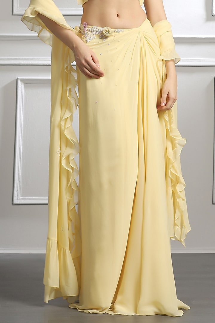 Lemon Yellow Georgette 3D Floral Embroidered Skirt Set by BAYA BY RICHA at Pernia's Pop Up Shop