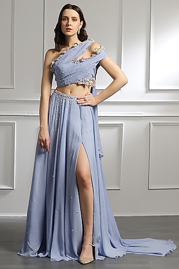Periwinkle Blue Pearl Embroidered Skirt Set by BAYA BY RICHA at Pernia's Pop Up Shop