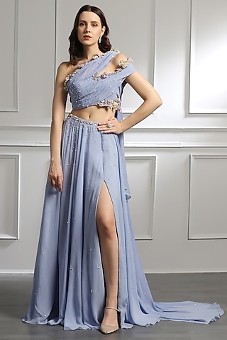 Periwinkle Blue Pearl Embroidered Skirt Set by BAYA BY RICHA