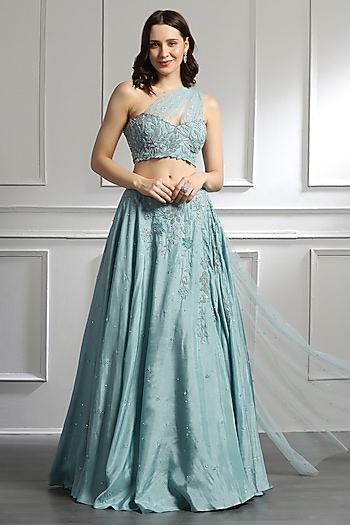Sea Blue Silk & Net Beads & Sequins Embroidered Wedding Lehenga Set by BAYA BY RICHA at Pernia's Pop Up Shop