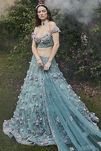 Aqua Blue Organza & Net 3D Hand Sewn Petals Embroidered Bridal Lehenga Set by BAYA BY RICHA at Pernia's Pop Up Shop