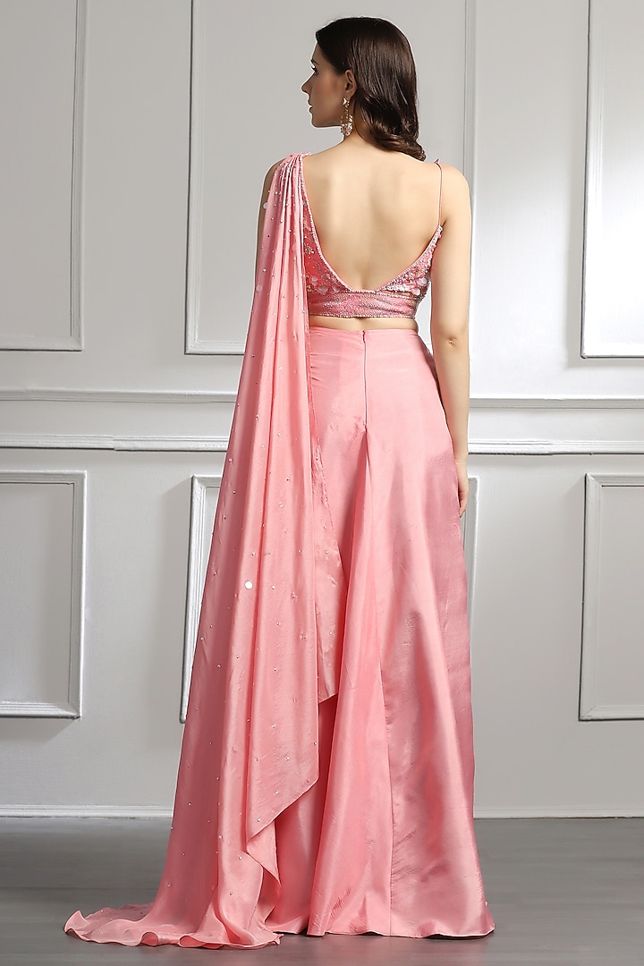 Flamingo Pink Silk Draped Skirt Set by BAYA BY RICHA at Pernia's Pop Up Shop