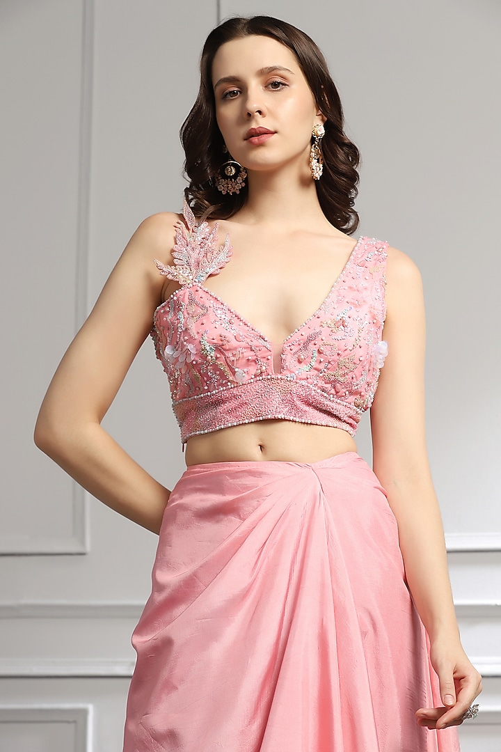 Flamingo Pink Silk Draped Skirt Set by BAYA BY RICHA at Pernia's Pop Up Shop