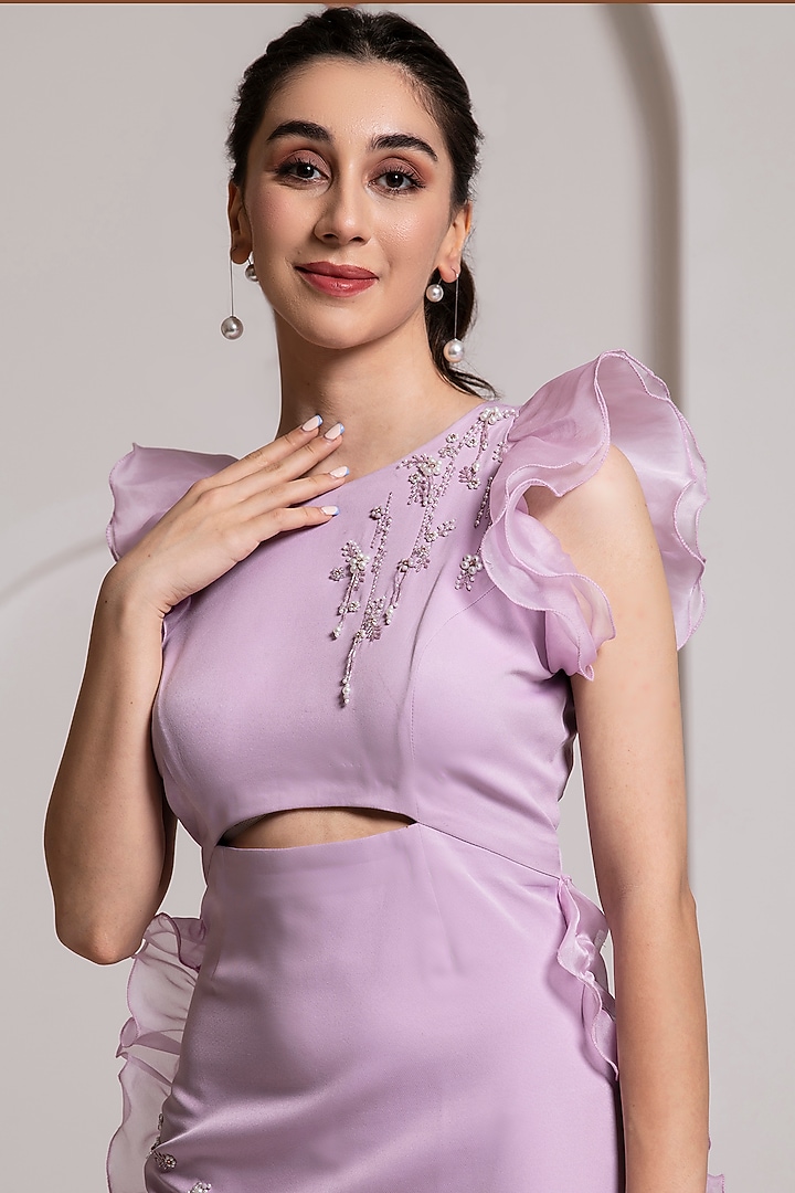 Lavender Crepe Pearl & Glass Beads Embroidered Mini Vacation Dress by BAYA BY RICHA at Pernia's Pop Up Shop