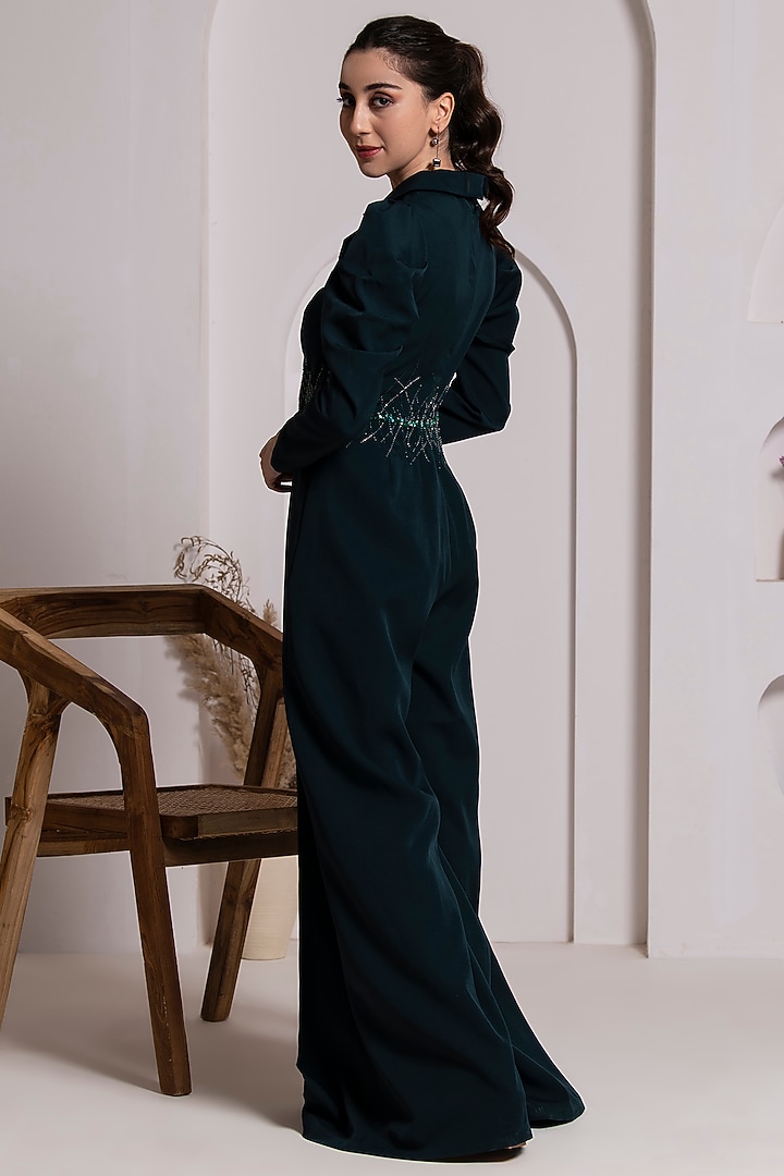 Bottle Green Thick Crepe Crystal Embellished Jumpsuit by BAYA BY RICHA at Pernia's Pop Up Shop