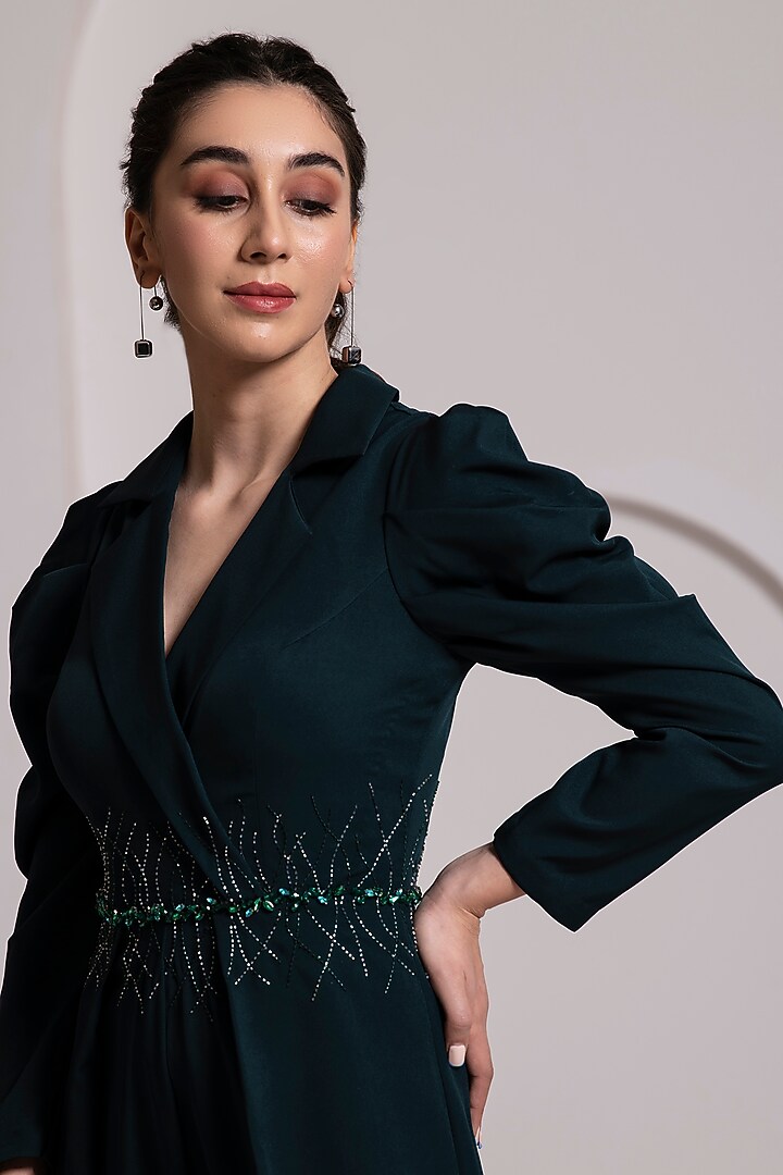 Bottle Green Thick Crepe Crystal Embellished Jumpsuit by BAYA BY RICHA at Pernia's Pop Up Shop