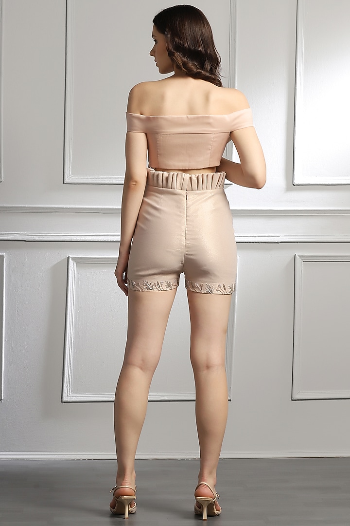 Beige Gold Thick Shimmery Imported Crepe Embroidered Co-Ord Set by BAYA BY RICHA at Pernia's Pop Up Shop