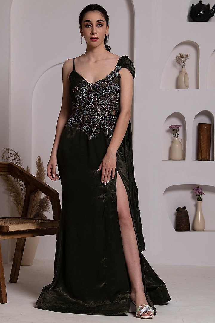 Olive Imported Satin Floral Embroidered Gown by BAYA BY RICHA
