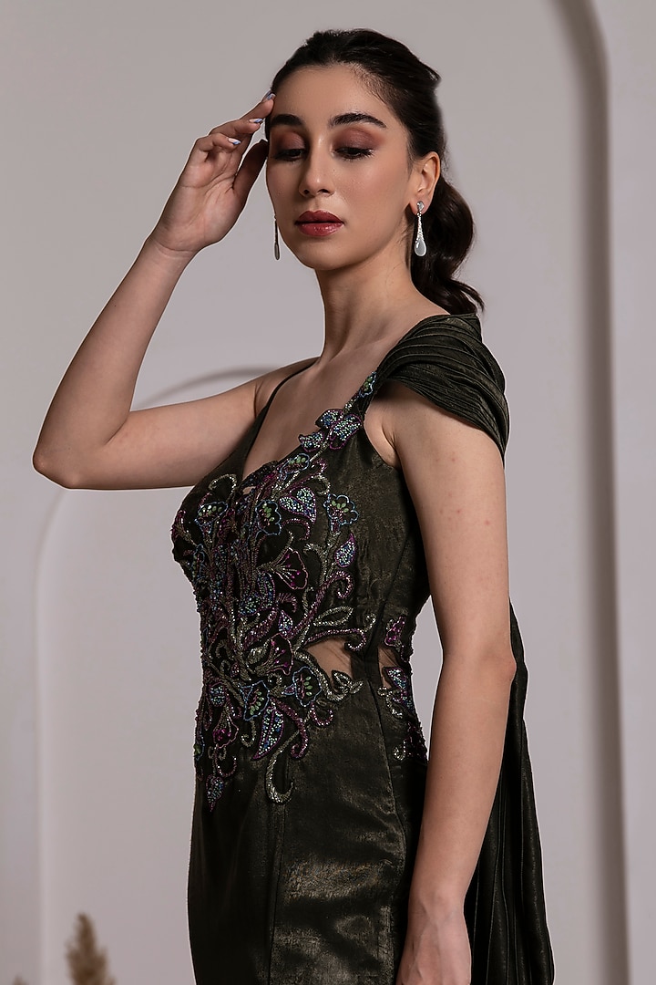 Olive Imported Satin Floral Embroidered Engagement Gown by BAYA BY RICHA at Pernia's Pop Up Shop