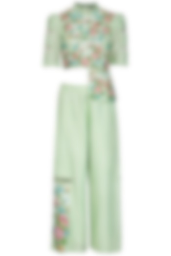 Light Green Hand Painted Ruffled Top With Pants by Baavli