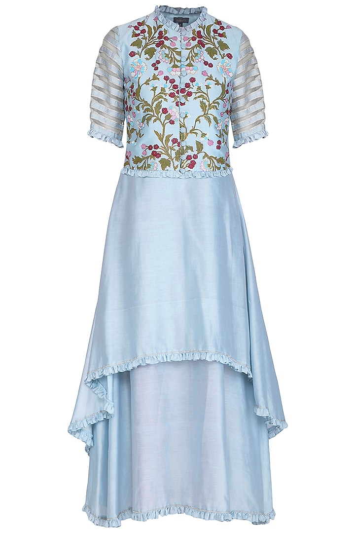 Pastel Blue Hand Painted Jacket With Layered Dress by Baavli