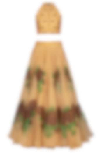 Sand Colored Embroidered Hand Painted Lehenga Skirt With Crop Top by Baavli
