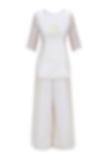 Off White Floral Hand Embroidered Tunic and Palazzo Pants Set by Baavli