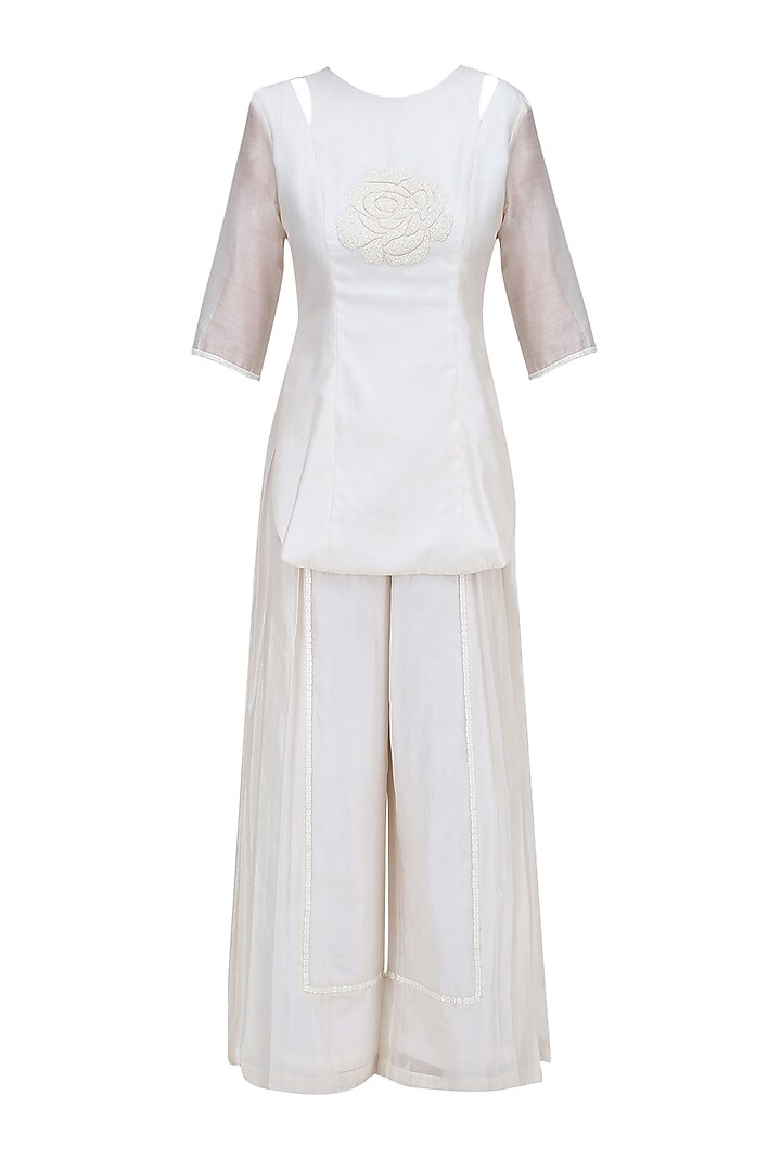 Off White Floral Hand Embroidered Tunic and Palazzo Pants Set by Baavli