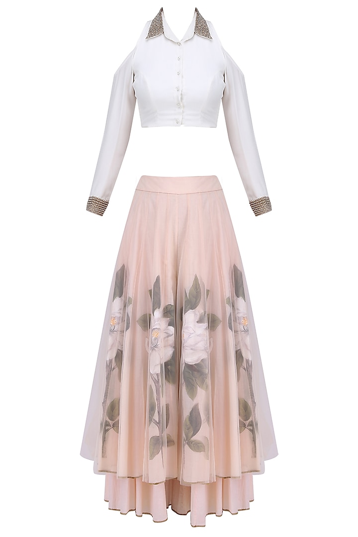 White Pearl Embroidered Crop Top with Peach Floral Handpainted Sharara Pants by Baavli