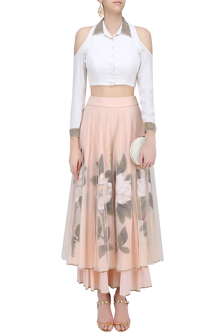 White pearl embroidered crop top with peach floral handpainted sharara pants available only at Pernia's Pop Up Shop.