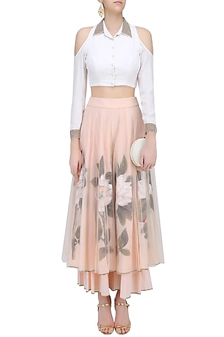 White Pearl Embroidered Crop Top with Peach Floral Handpainted Sharara Pants by Baavli