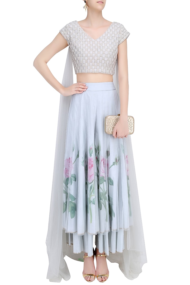 Dust blue pearl organza weave top with floral handpainted sharara pants available only at Pernia's Pop Up Shop.