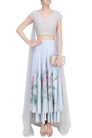 Dust Blue Pearl Organza Weave Top with Floral Handpainted Sharara Pants by Baavli
