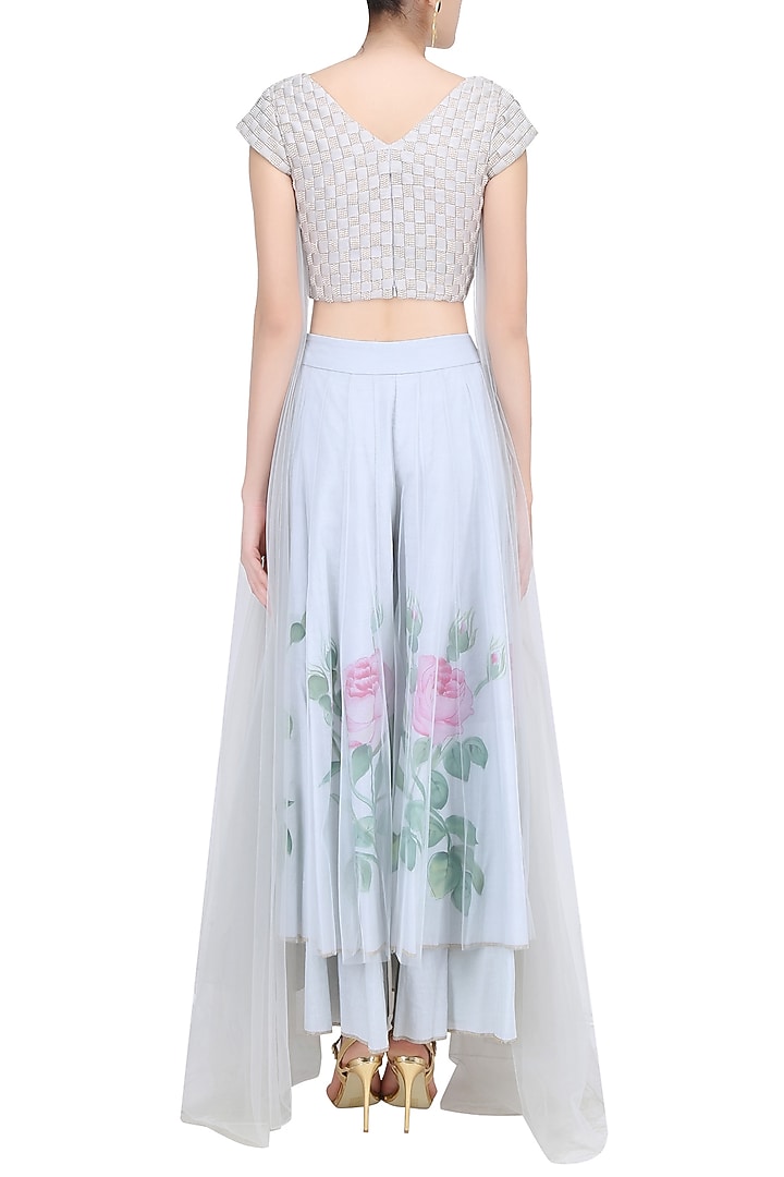 Dust blue pearl organza weave top with floral handpainted sharara pants available only at Pernia's Pop Up Shop.