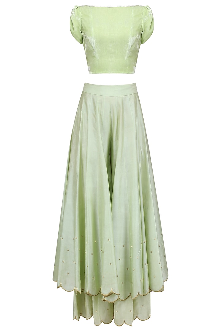 Green petal sleeves crop top with gold pearl bootis sharara pants set available only at Pernia's Pop Up Shop.