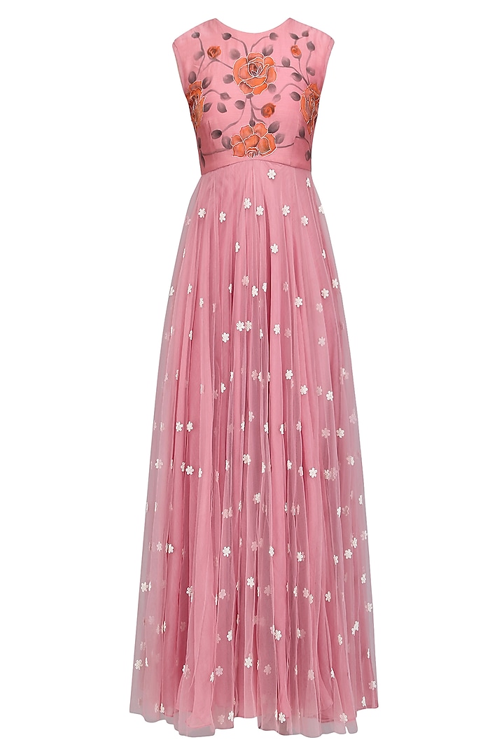Dust Pink Floral Embroidered Flared Anarkali Set by Baavli