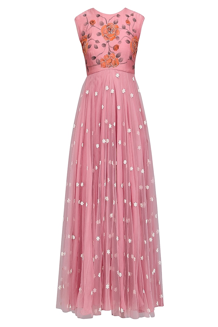 Dust pink floral embroidered flared anarkali set available only at Pernia's Pop Up Shop.