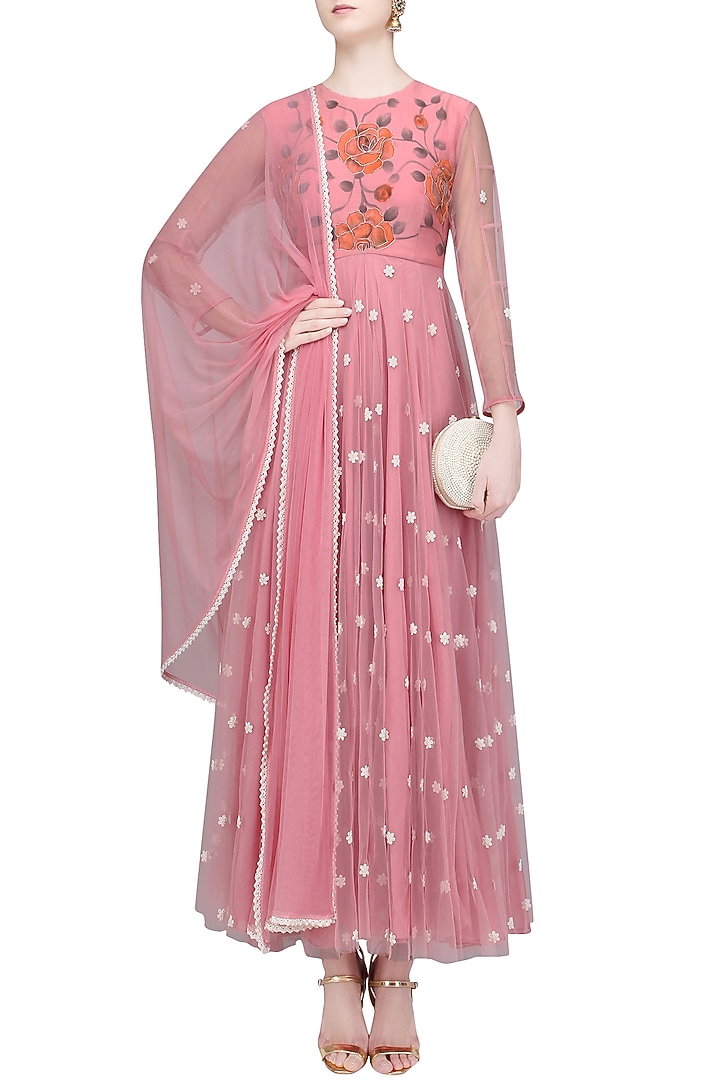 Dust pink floral embroidered flared anarkali set available only at Pernia's Pop Up Shop.