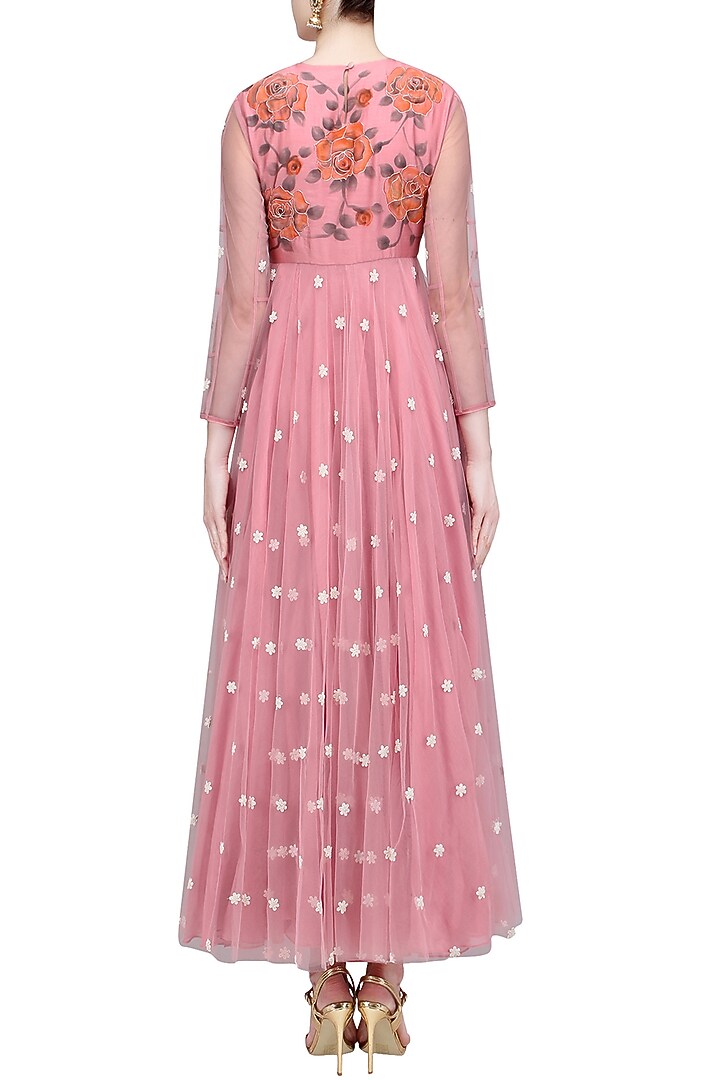 Dust pink floral embroidered flared anarkali set available only at Pernia's Pop Up Shop.