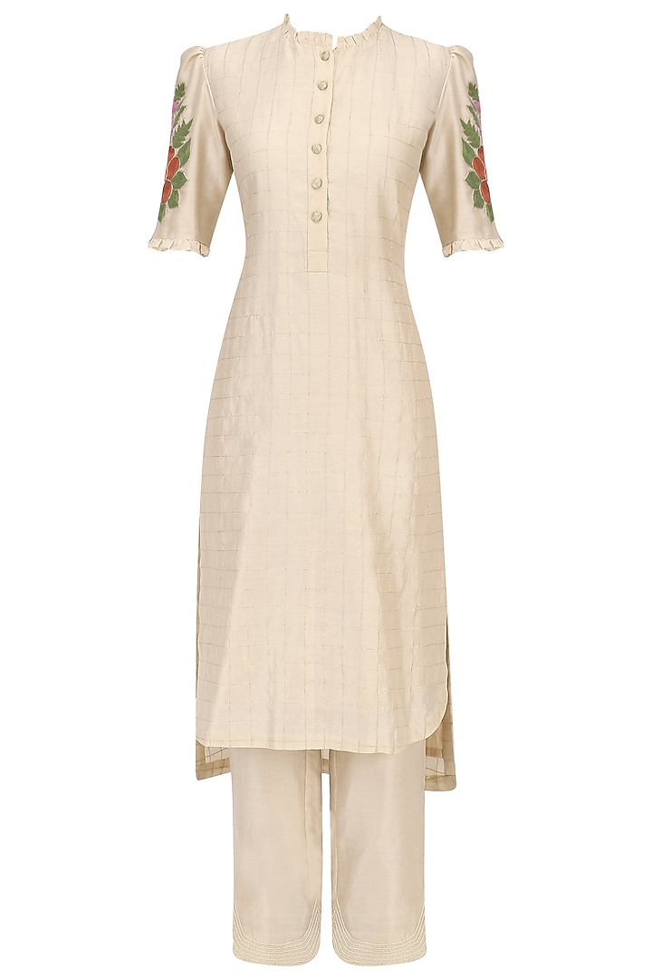 Beige Embroidered Kurta and Pants Set by Baavli