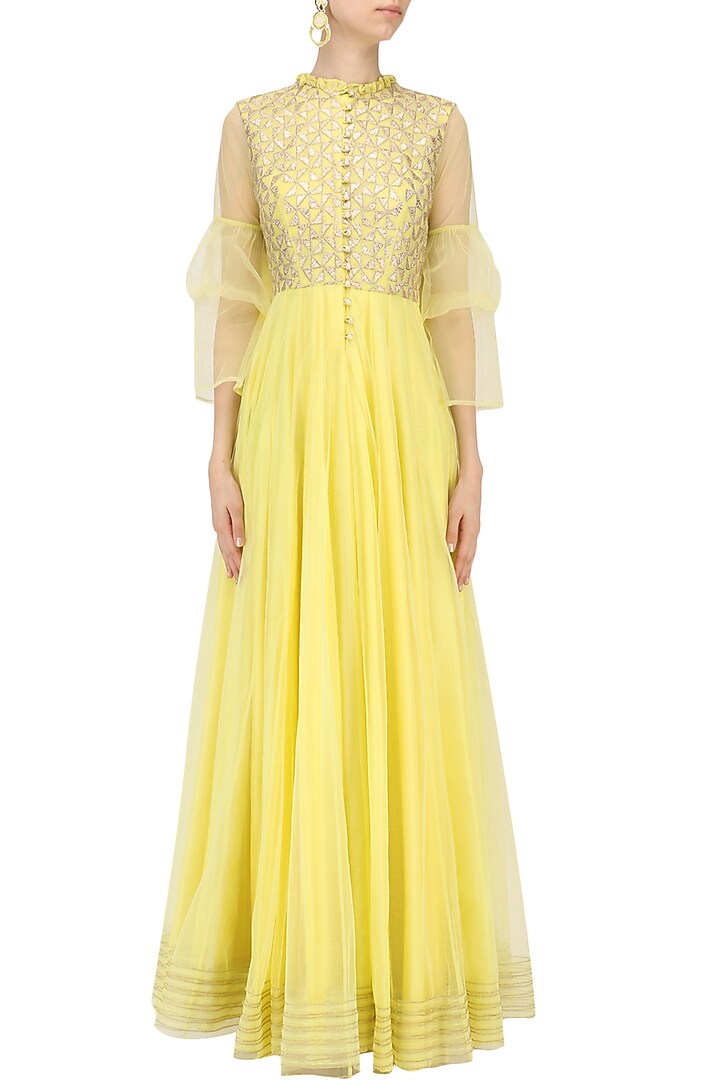 Yellow embroidered flared anarkali kurta available only at Pernia's Pop Up Shop.