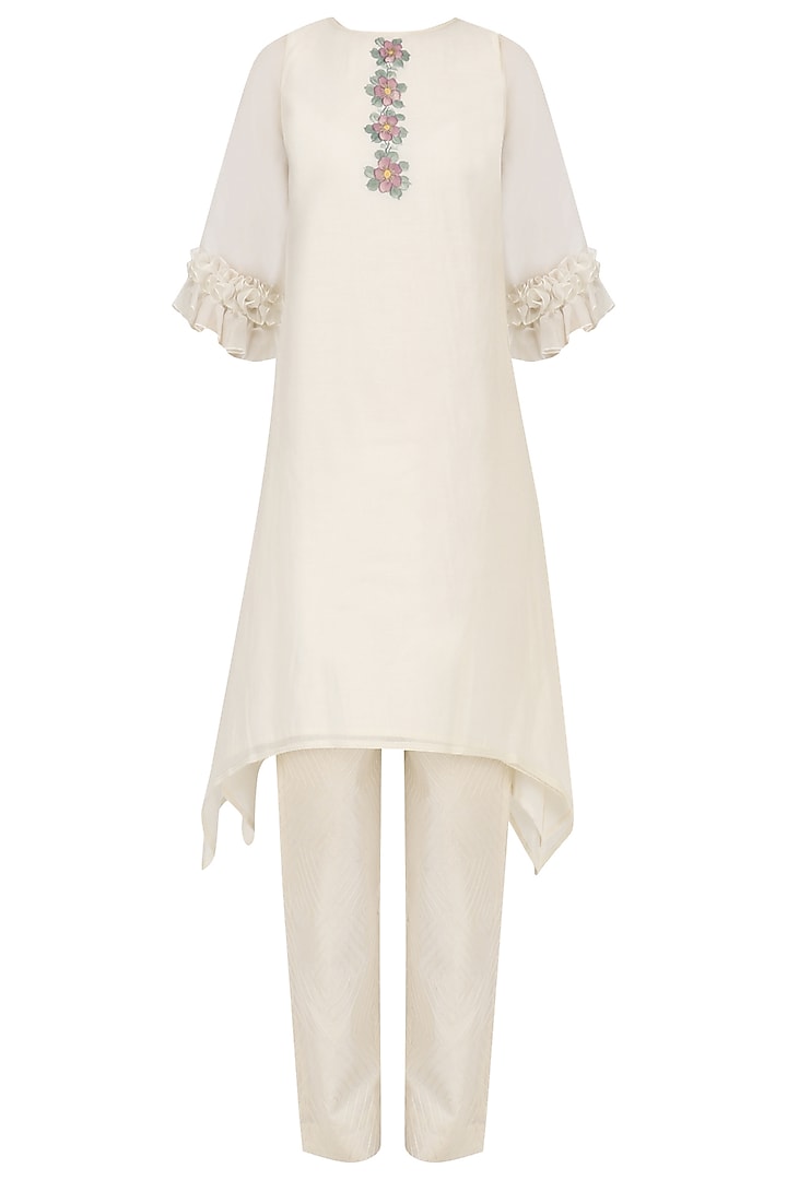 Off White Foral Tunic and Thread Work Pants Set by Baavli