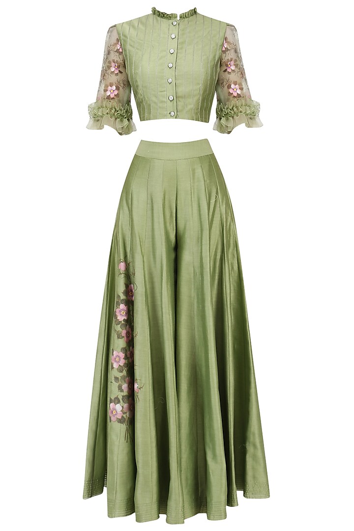 Green Embroidered Crop Top and Sharara Pants Set by Baavli