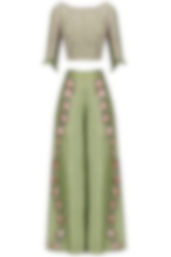 Green Hand Embroidered Crop Top and Pants Set by Baavli