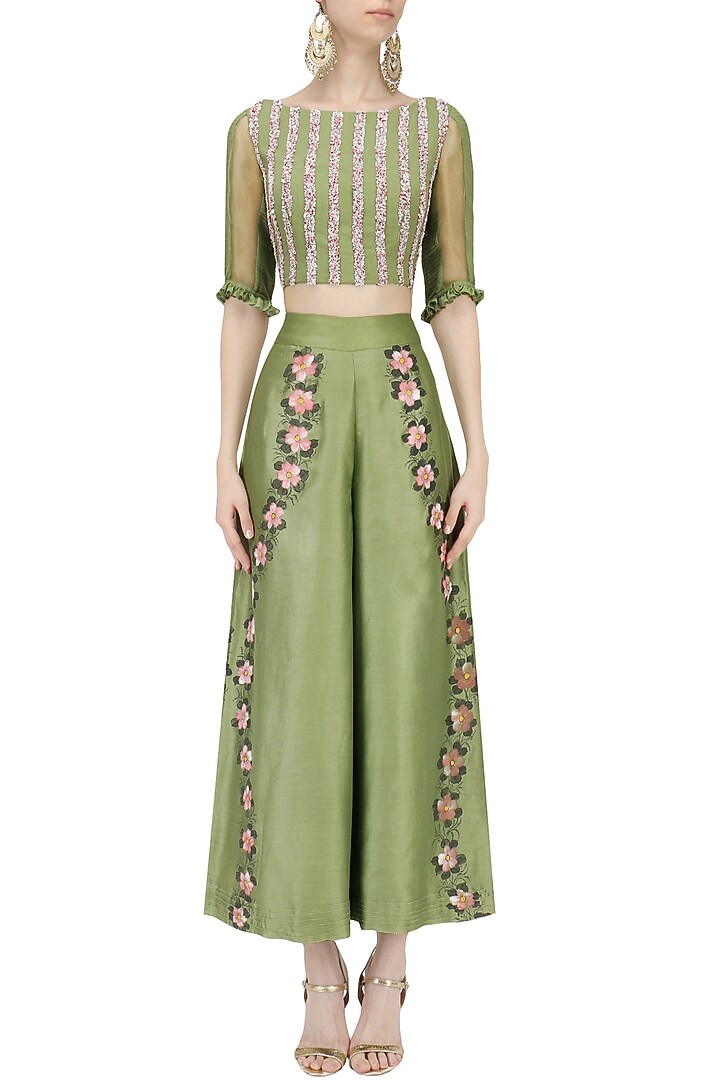 Green hand embroidered crop top and pants set available only at Pernia's Pop Up Shop.